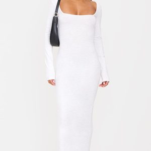 Grey Marl Cotton Square Neck Long Sleeve Maxi Dress