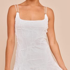Petite White Textured Double Strap Shift Mini Dress