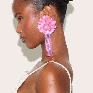 Pink Large Floral Chain Tassel Statement Earrings