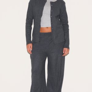 Plus Grey Soft Touch Rib Wide Leg Trousers