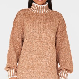 Mocha Contrast Stitch Knitted High Neck Oversized Jumper Dress