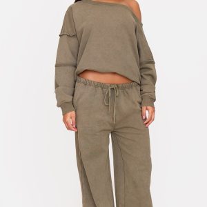 Khaki Washed Embossed Thin Waistband Wide Leg Joggers