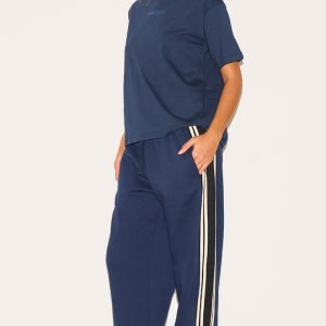 Navy Contrast Stripe Detail Wide Leg Joggers