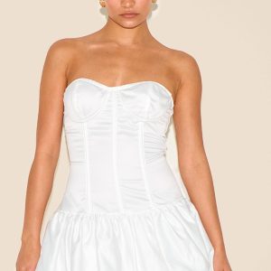 Petite White Satin Corset Puffball Dress