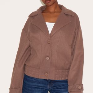 Mushroom Wool Look Button Up Front Bomber Jacket