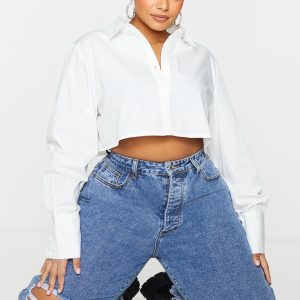 Plus White Cotton Oversized Crop Shirt