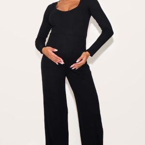 Maternity Black Rib Collar Detail Flare Leg Jumpsuit