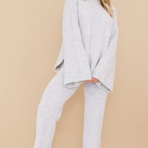 Grey Luxe Rib Knit Wide Leg Trousers