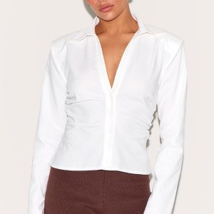 Petite White Linen Look Shoulder Padded Fitted Shirt