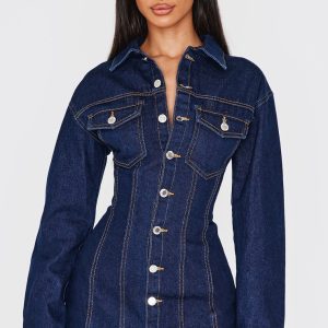 Petite Indigo Denim Long Sleeve Fitted Mini Dress
