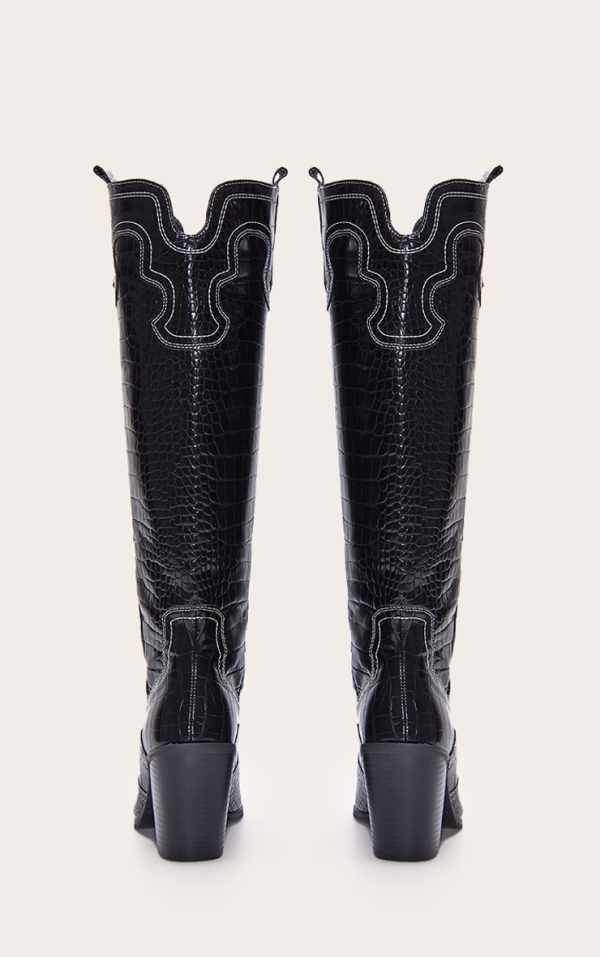 5541a663368e7f2d9210175efd962e8e3fb482b7_CNL7085_3_black_croc_pu_point_toe_western_stitch_knee_high_block_heeled_boots