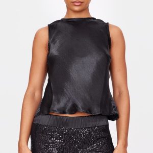 Black Metallic Satin Boatneck Long Top