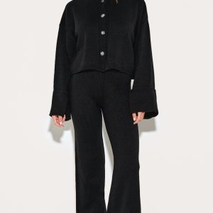 Black Turn Up Hem Knit Trousers