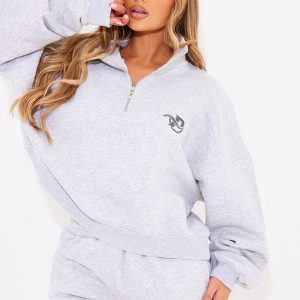 PRETTYLITTLETHING Ash Grey Logo Embroidered Half Zip Sweatshirt