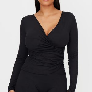 Shape Black Sculpt Long Sleeve Wrap Front Top