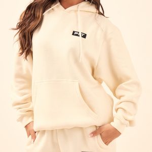 PRETTYLITTLETHING Cream Logo Badge Detail Oversized Hoodie