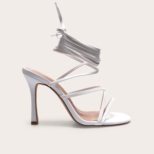 White Wide Fit PU Square Toe Strappy Lace Up Heeled Sandals