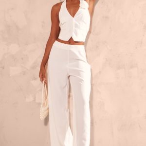 White Tailored Mid Rise Wide Leg Trousers