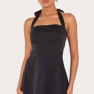 Black Woven Tie Neck Shift Dress