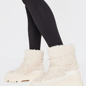 Cream Borg Round Toe Chunky Sole Ankle Boots