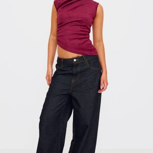 Burgundy Faux Suede High Neck Asymmetric Hem Long Top