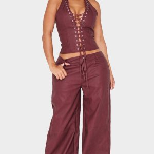 Shape Burgundy Washed Faux Leather Wide Leg Trousers