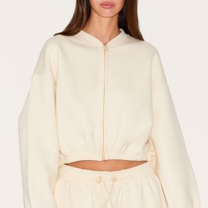 Cream Drawcord Waist Cropped Zip Up Sweatshirt
