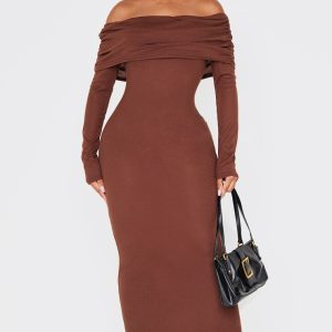 Shape Chocolate Rib Bardot Long Sleeve Maxi Dress