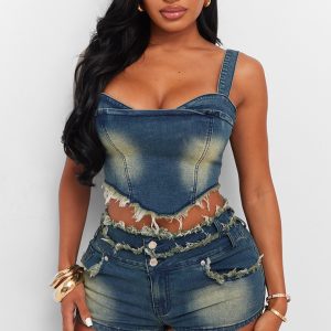 Shape Dark Blue Stretch Denim Fray Detail Corset
