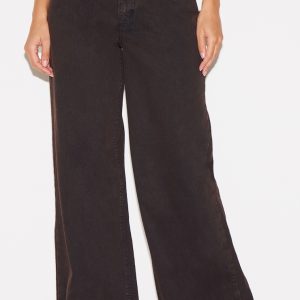 Dark Chocolate Mid Rise Button Waistband Wide Leg Jeans