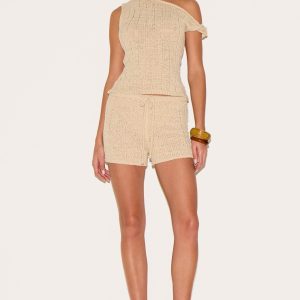 Oatmeal Textured Filigree Knit Mini Shorts
