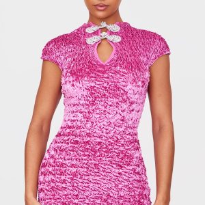 Pink Textured Satin Bow Detail Mini Dress
