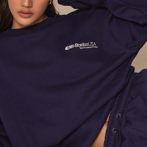 Navy Oversized Boston Usa Embroidered Sweatshirt