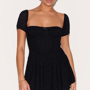 Petite Black Textured Bardot Puff Sleeve Mini Dress
