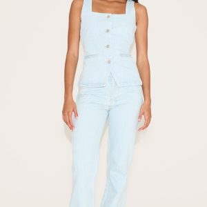 Light Blue Mid Waist Straight Leg Jeans