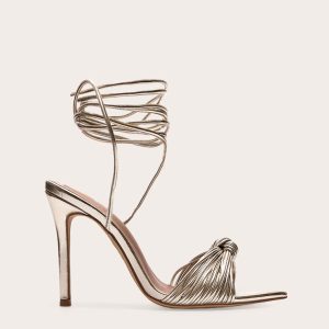 Gold Metallic Pu Point Toe Knotted Strappy High Heeled Sandals - Gold, 4