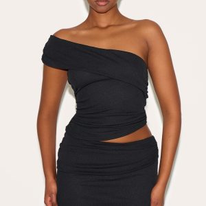 Black Onion Skin Ruched Side Asymmetric Top