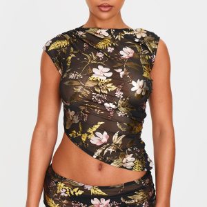 Black Floral Foil Printed Mesh Ruched Crop Top