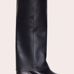 Black Pu Round Toe Fold Over Low Block Heel Boots