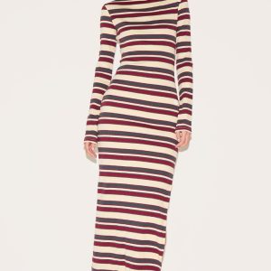 Burgundy Striped Boat Neck Long Sleeve Bodycon Dress