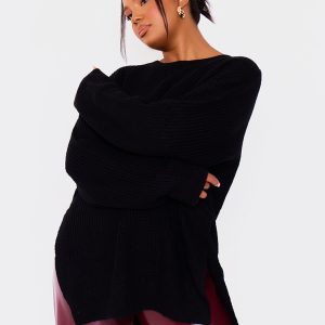 Plus Black Round Neck Side Split Jumper