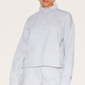 Petite Ash Grey Loopback Oversized Polo Detail Sweatshirt