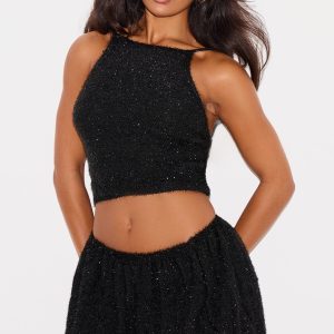 Black Tinsel Knit Detail Cami Crop Top