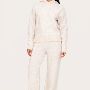 Petite Oatmeal Knitted Seam Detail Wide Leg Trousers