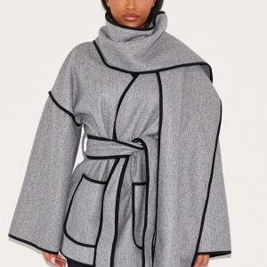 Shape Grey Wool Look Contrast Binding Wrap Over Belted Jacket And Scarf
