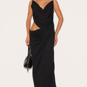 Black Chiffon Drape Cut Out Midaxi Dress