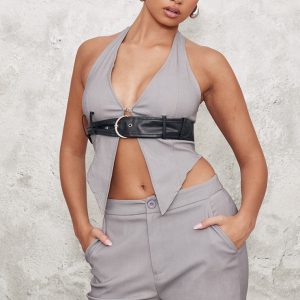 Grey Contrast Faux Leather Belt Halterneck Top