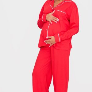Maternity Red Jersey Piping Detail Long Pj Set