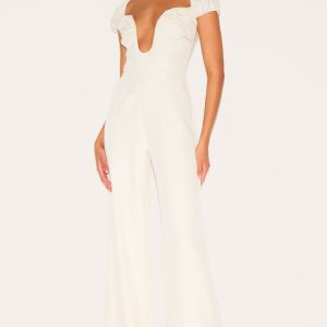 Cream Woven Plunge Straight Leg Jumpsuit