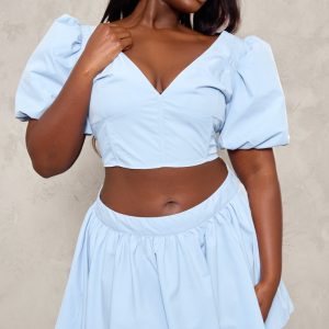 Plus Baby Blue V Neck Puff Sleeve Crop Top